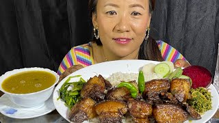 धराने च्याचेको मासु भात || Pork Belly & Rice || Rubi Rai Mukbang || Nepali Mukbang || Pork Eating
