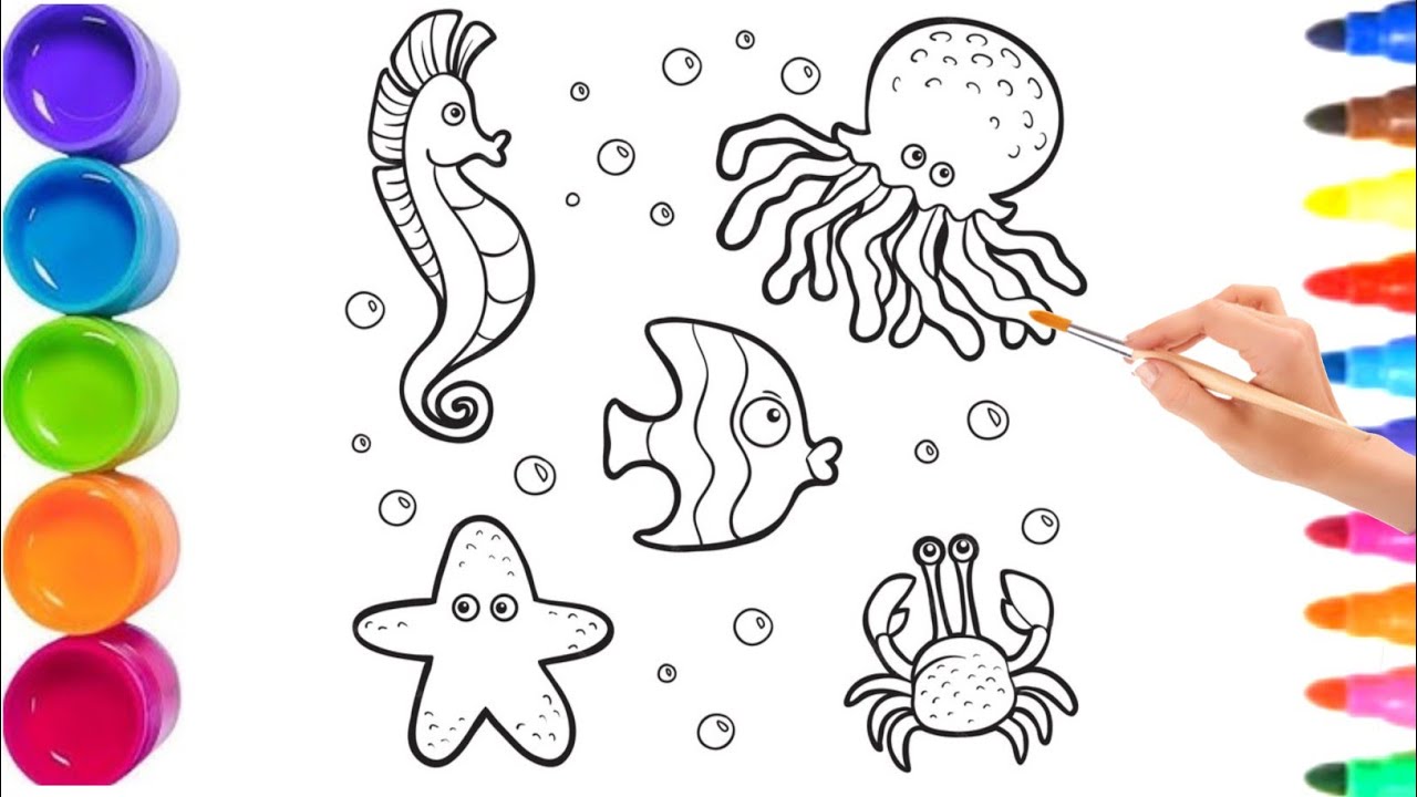 Рисунок океана для детей и малышей 🌊 🪸 Рисунок осьминога и медузы для детей 🍄⛱️