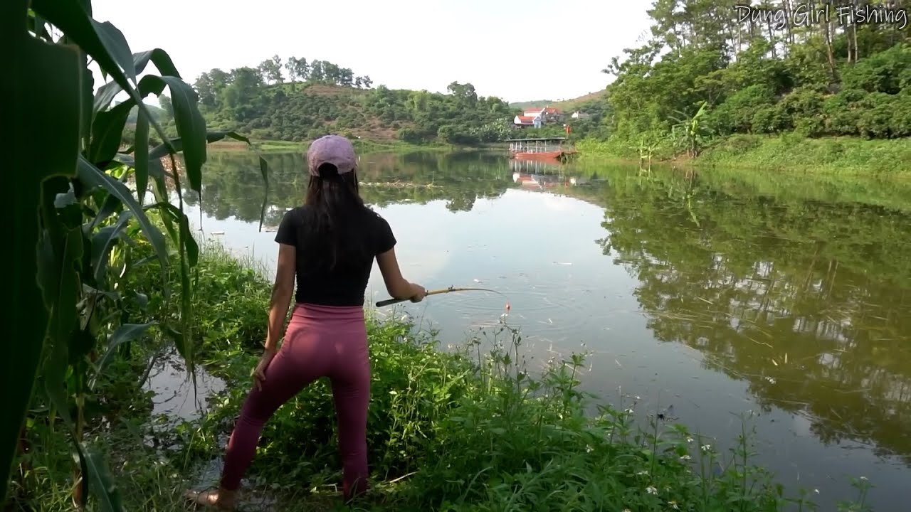 Amazing Hook Fishing. Girl Fishing many kinds of fish in flooded rice  fields 