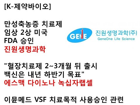 [K-제약바이오]만성축농증 치료제 임상 2상 미국 FDA 승인진원생명과학"혈장치료제 2∼3개월 뒤 출시 에스맥 다이노나 녹십자랩셀이뮨메드 VSF 치료목적 사용승인 관련