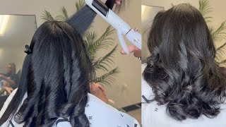 2 month old sew-in | New Silk Press on 4c hair - T3 Curling iron - Her hair was SO SHINY !