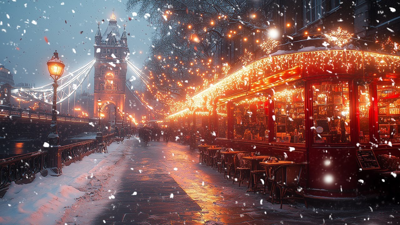Ночь в Лондоне под снегопад | Атмосфера кофейни | Зимний мягкий джаз для успокоения