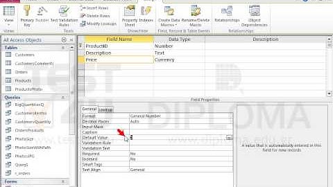 Set number 100 as default value of the Price field in the Products table. Save and close the...