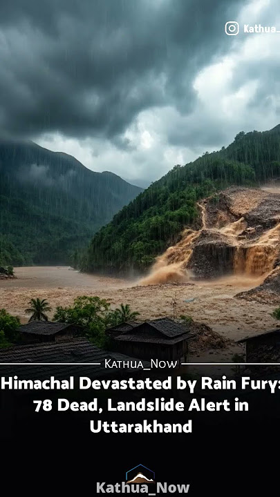 'A powerful monsoon disaster scene in Himachal Pradesh: dark storm clouds fill the sky, with heav