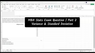 MBA Stats Problem Calculating Sample Variance and Standard Deviation in Excel Part 2