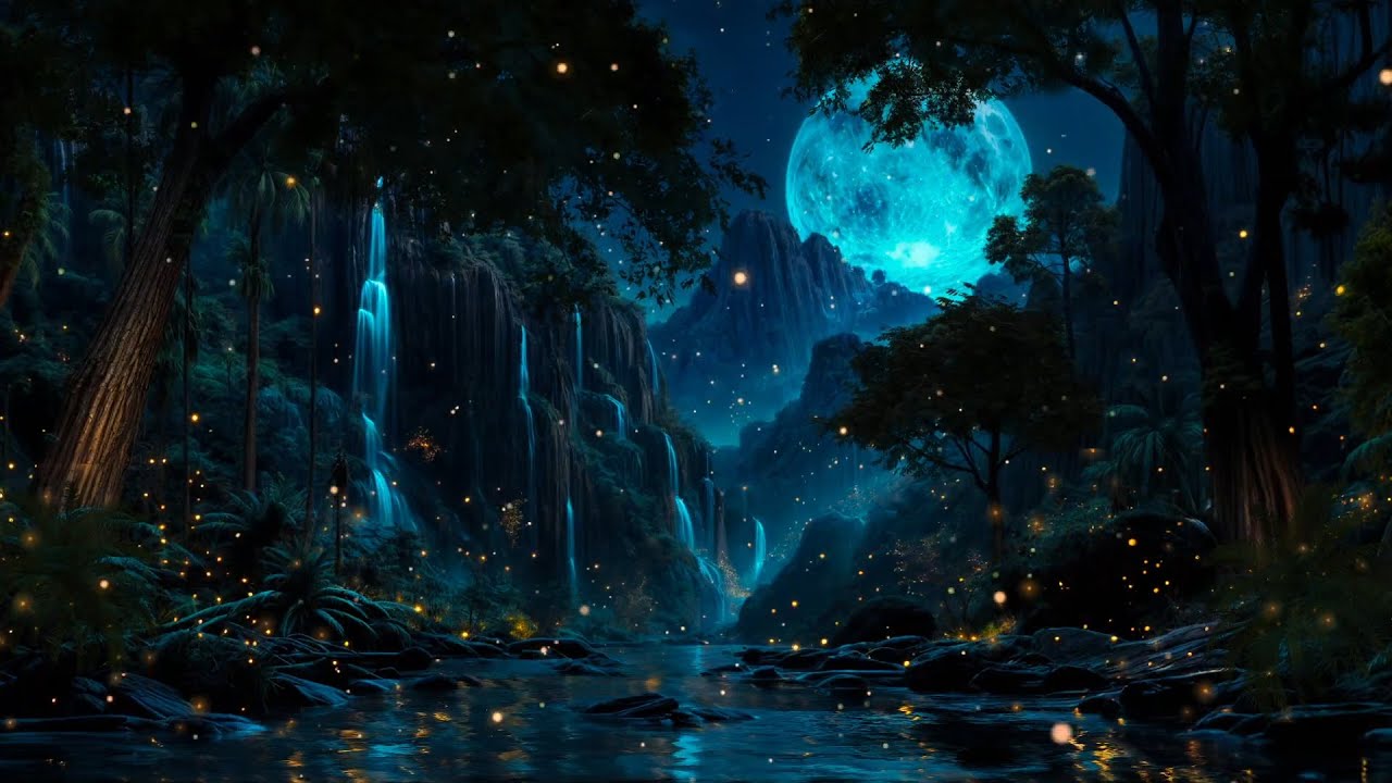 Enchanted Jungle Under the Moon 🌙🌿💧 | Waterfall & Fireflies Night Ambience for Deep Sleep