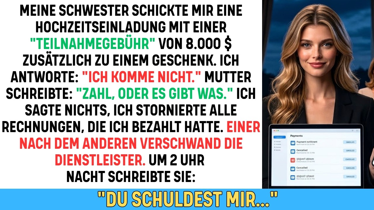 Ich öffnete die Hochzeitseinladung meiner Schwester und fand eine Rechnung über 8.000 Dollar – nur um auf einem Stuhl sitzen zu dürfen. Als ich ablehnte, rief meine Mutter an und schrie: „Du...