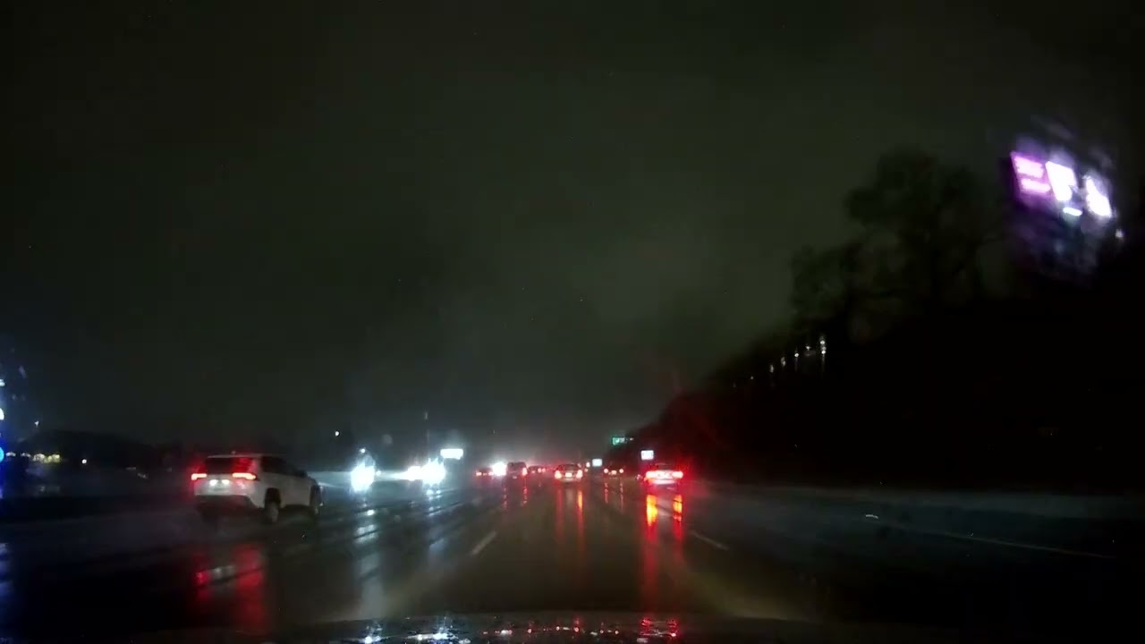 Nighttime drive along I-93 South in Massachusetts