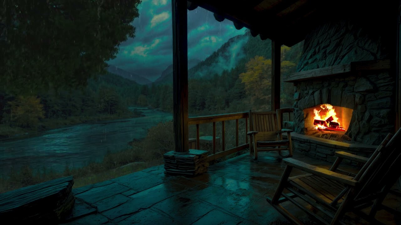 Calm River Rain at a Cozy Cabin Porch | Fireplace & Rain for Deep Sleep & Stress Relief | No Mid Ads