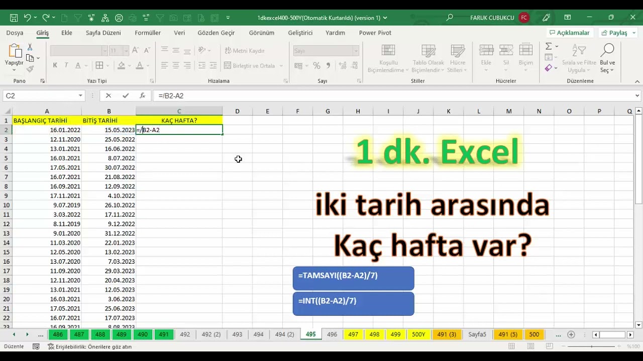 Excel 1 Dakika - İki tarih arasında kaç hafta var