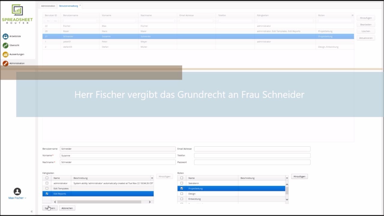 Youtube Video: Spreadsheet Router Tutorial: Grundrechte vergeben - Bearbeiten von Auswertungen