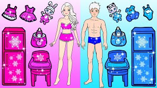 Pink And Blue Winter Costume Of Elsa Family - Paper Barbie Dress Up | Woa Doll American Kids