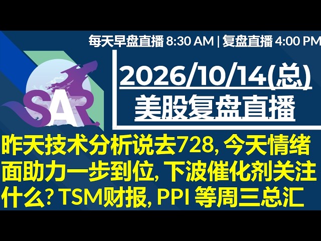 美股直播10/14[复盘] 昨天技术分析说去728, 今天情绪面助力一步到位, 下波催化剂关注什么? TSM财报, PPI 等周三总汇