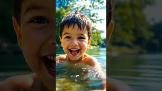 Little Boy Bathing In The River Childhood Happiness In Nature