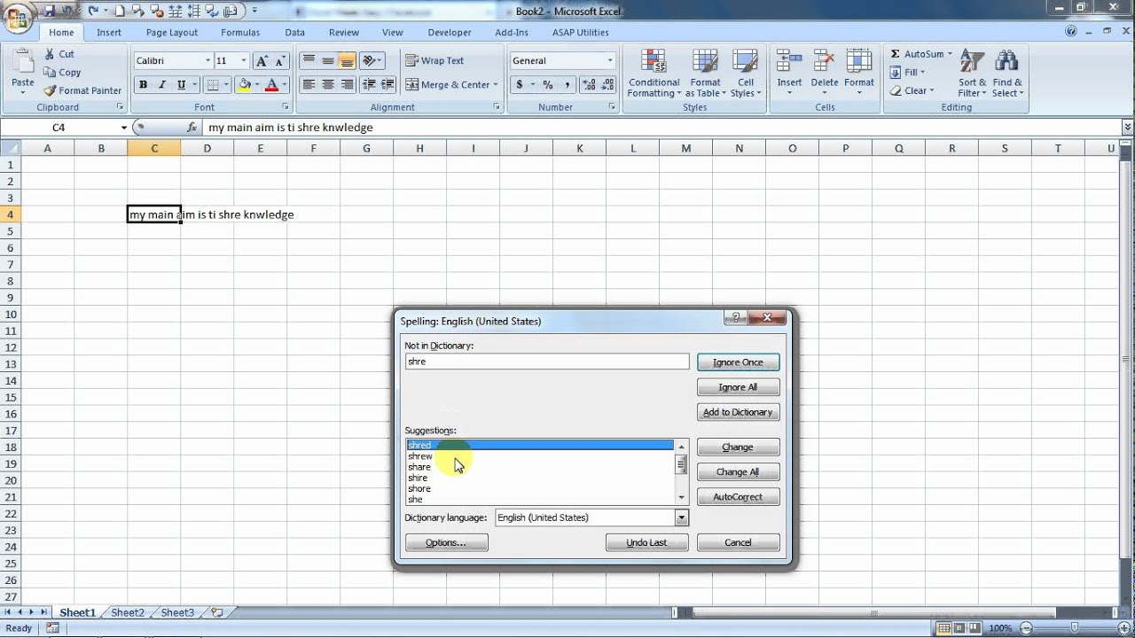 spell check on excel 2016