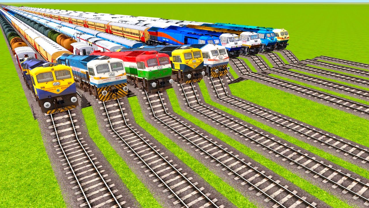 TEN FASTEST TRAINS VS TEN MASSIVE SPEED BUMPS AND RISKY RAILROAD TRACKS NETWORK|Train simulator|