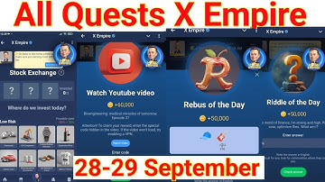 28-29September All Quests Code X Empire | Riddle Of The Day | Rebus Of The Day | YouTube Video Code
