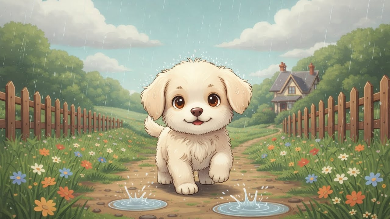 Cute Puppy Walking in Rain 