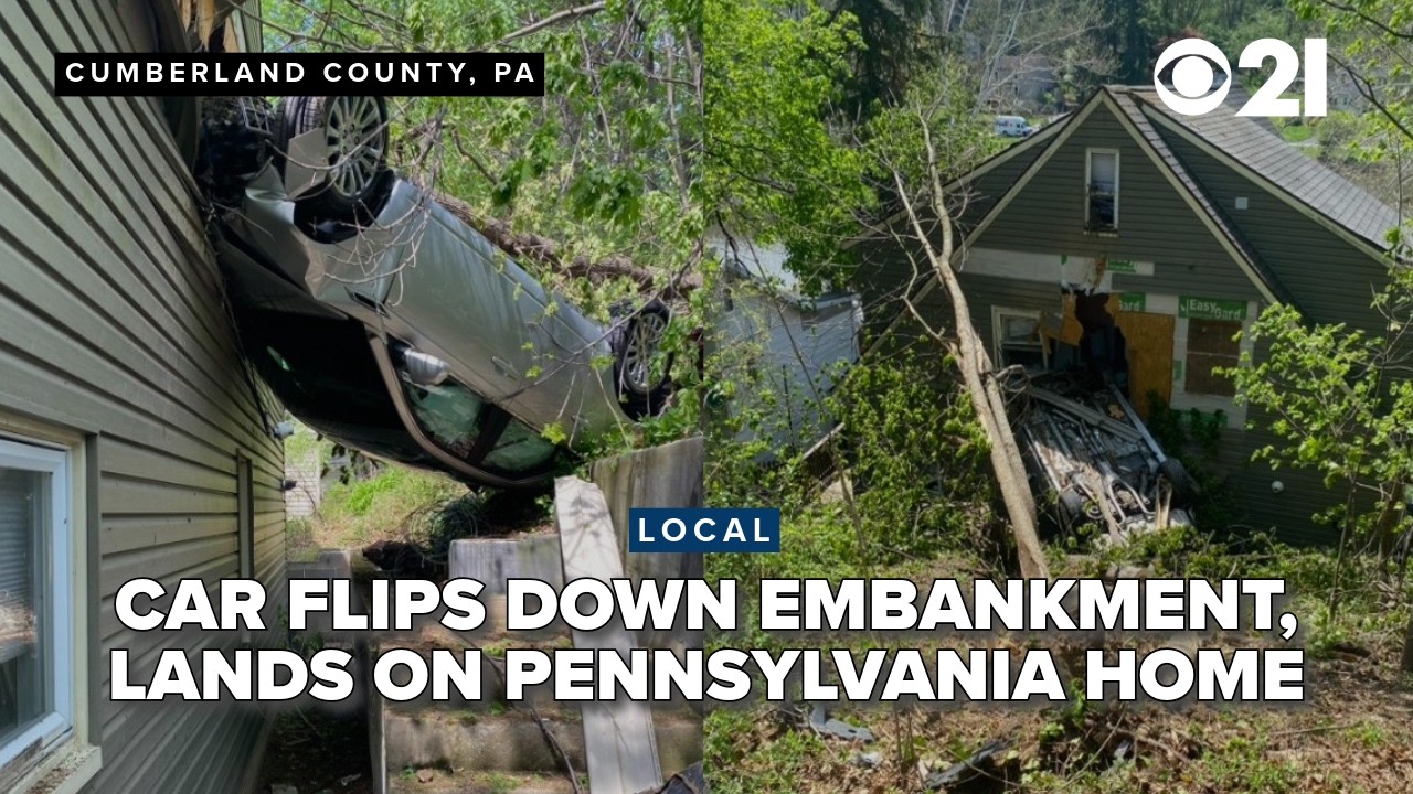 Car flips down embankment, lands on house in Cumberland County - YouTube