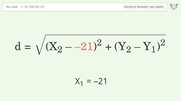 Find the distance between two points p1 (-21,23) and p2 (53,47): Step-by-Step Video Solution