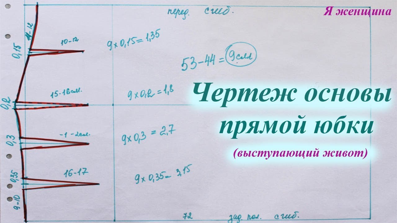 Чертеж основы прямой юбки для фигуры с выступающим животом