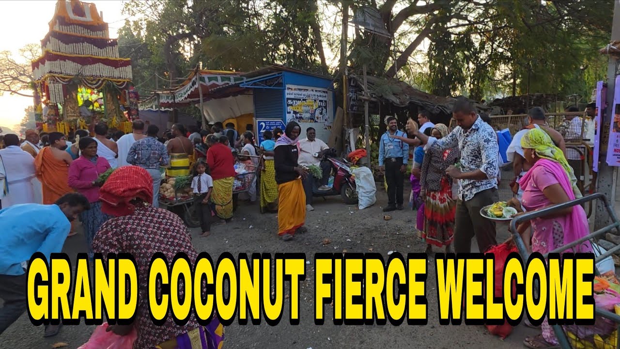 LADIES WELCOMED BY VARIETIES OF RANGOLI AND DEVOTEES WELCOMED THE RATHA BY FIERCING COCONUT...