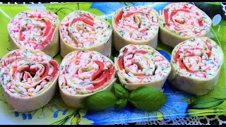 Нежный рулет из лаваша с красной рыбой и крабовым мясом - отличная идея для завтрака и не только ! Нежный рулет из лаваша с красной рыбой и крабовым мясом - отличная идея для завтрака и не только !
