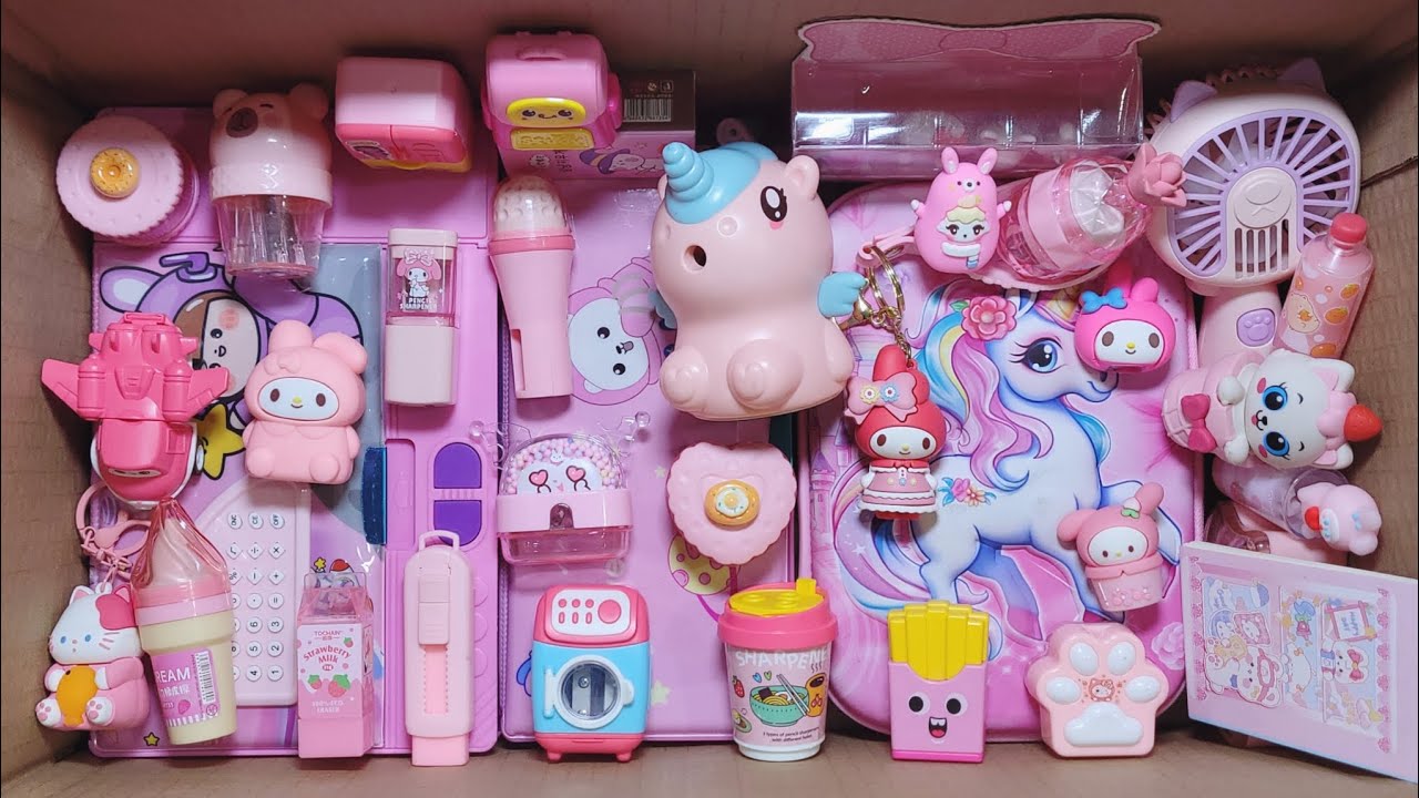 Box Full Of Cute Pink Stationery Items - Unicorn Sharpener, Pencilbox, Erasers, Keychain, Notepad