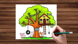 How to Draw a Tree House Easy ||Cute Scenery Ar || simple drawing