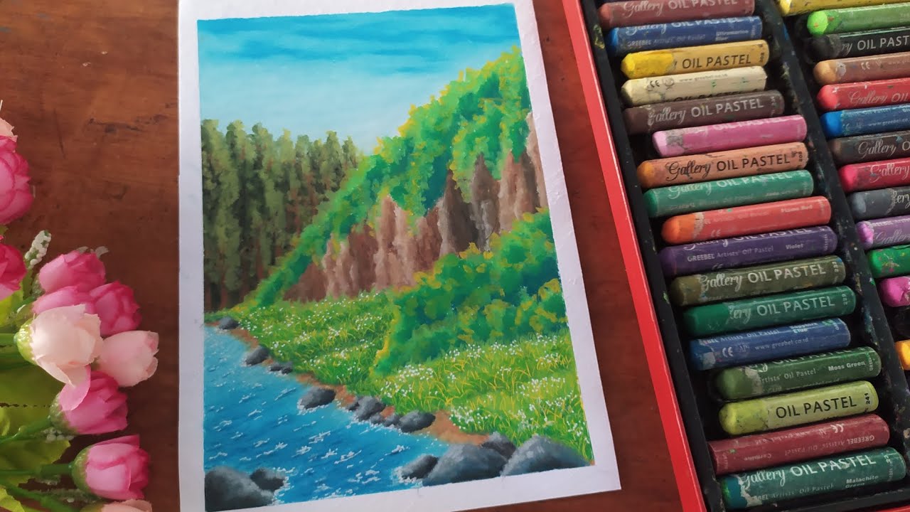 Oil pastel river landscape | Scenery drawing with oil pastel | pemandangan sungai yang cantik