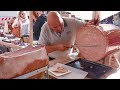 Slovenia Street Food. Cutting Huge Mortadella and Ham