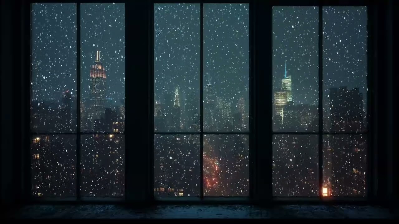 Winter Night Window City ❄️ Dark Night Snowfall & Cold Wind Ambience for Study & Sleep