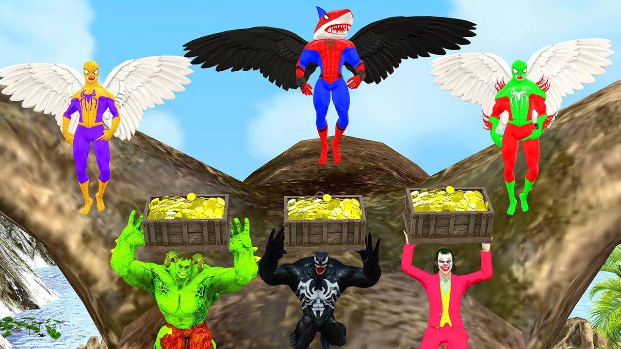 Game Playing Spider-Man rescues team shark spider  transporting treasure from bad guys joker