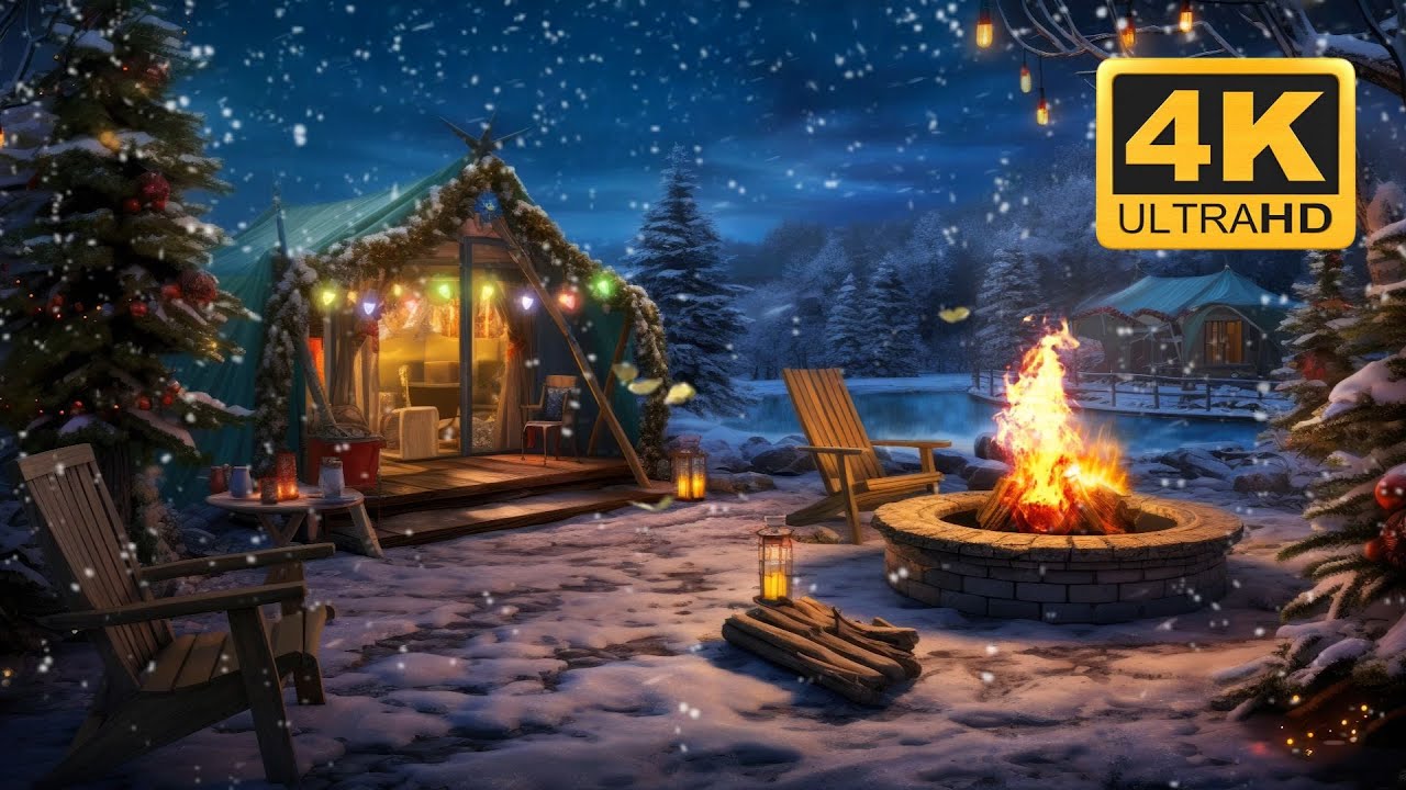🏕️ Christmas Tent Fireplace Scene | 4K Animated Winter Night