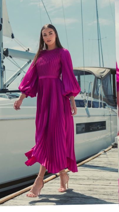 Pleated Pink Maxi Dress.Bold Pink Statement Dress.Vibrant Pink Pleats. Social gathering dress.