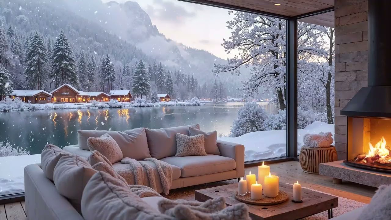 Warm Winter Cabin on Snowy Day Lake ❄️🔥Peaceful Ambience & Fireplace with Piano Music for Relaxation