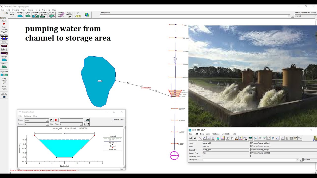 HEC RAS Tutorial 10 Pump Station pumping water from channel to storage