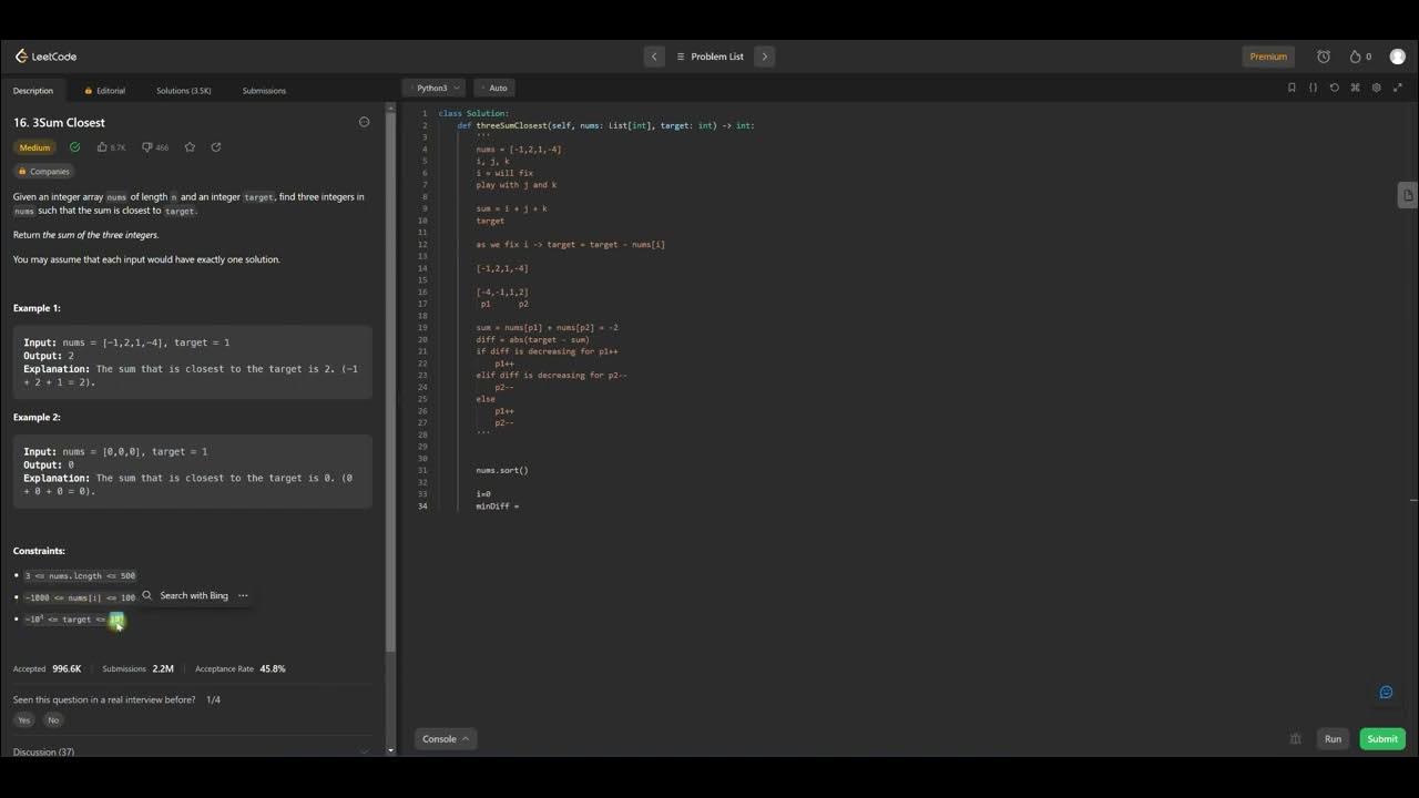 LeetCode - 3Sum Closest | Python | TwoPointers Algo Problems - YouTube