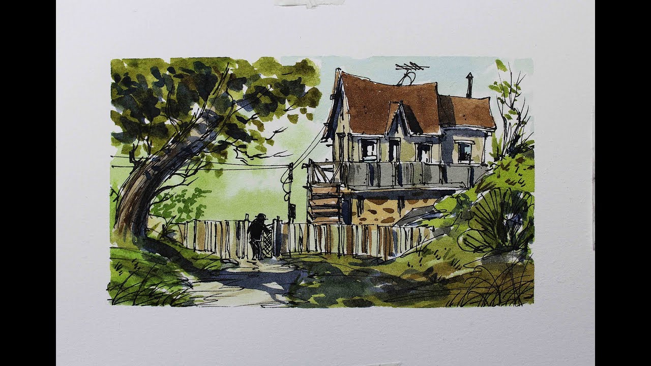 Line and Wash crooked lines watercolor paint easy style for beginners ...