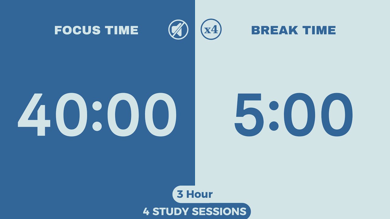 3 Hour Pomodoro Timer ⏳ | 4 x 40/5 Sessions | No Music | Study, Focus ...