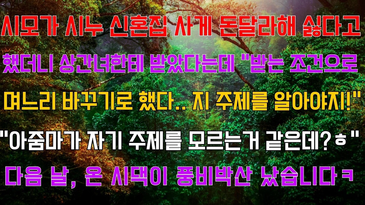 시모가 시누 신혼집 사게 돈을 달라해 싫다고 했더니 상간녀한테 받았다는데..다음 날, 온 시댁이 풍비박산 났습니다ㅋ