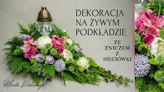 DEKORACJA NAGROBNA NA ŻYWYM PODKŁADZIE ZE ZNICZEM Z SIECIÓWKI // WSZYSTKICH ŚWIĘTYCH