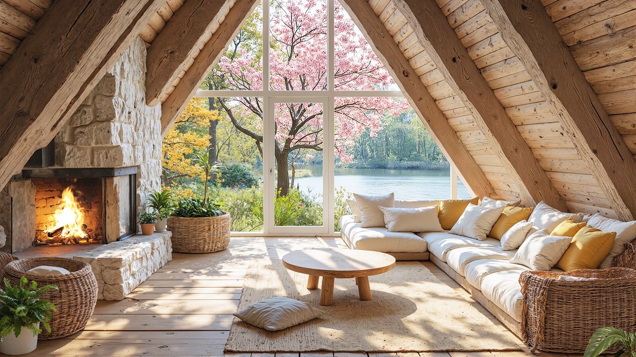 Soothing Piano Music & Fireplace for Studying 🌿 Spring Morning at a Lakeside Cabin
