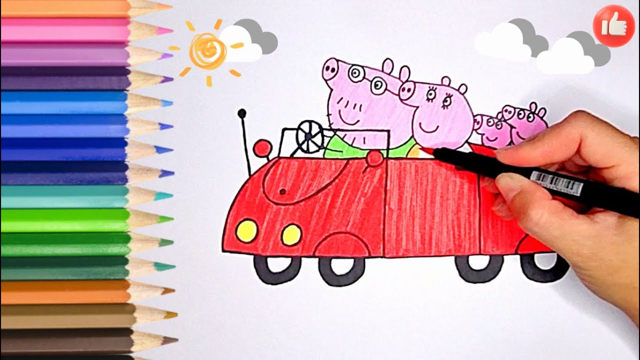 Vamos desenhar e colorir a Peppa Pig e a sua família em um passeio de carro  