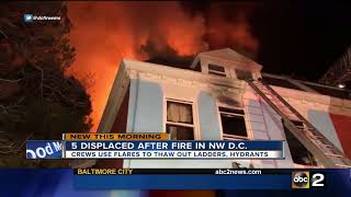 D.C. fire crews use flares to thaw out ladders, hydrants at fire scene