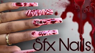 How To: Bloody Brain Halloween Nail Art Using Acrylic | 3D Nail Design + Easy Blood Splatter