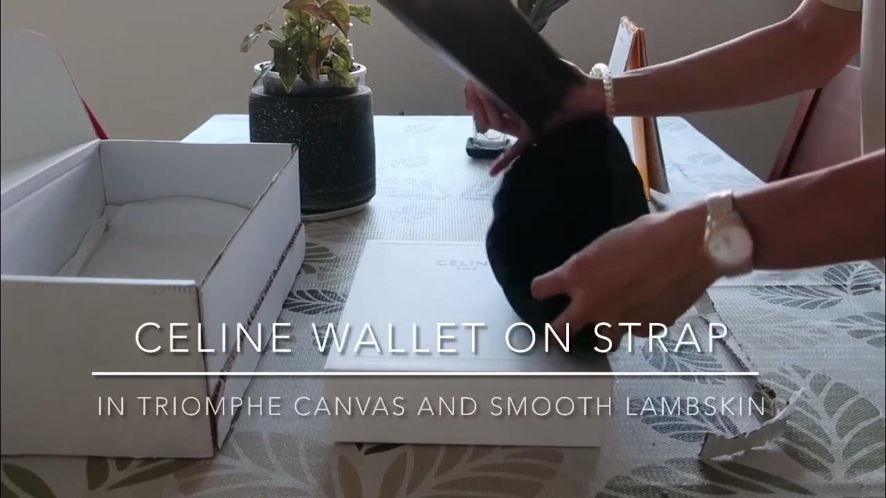 Celine Wallet On Strap in Triomphe Canvas and Tan Lambskin / Calfskin