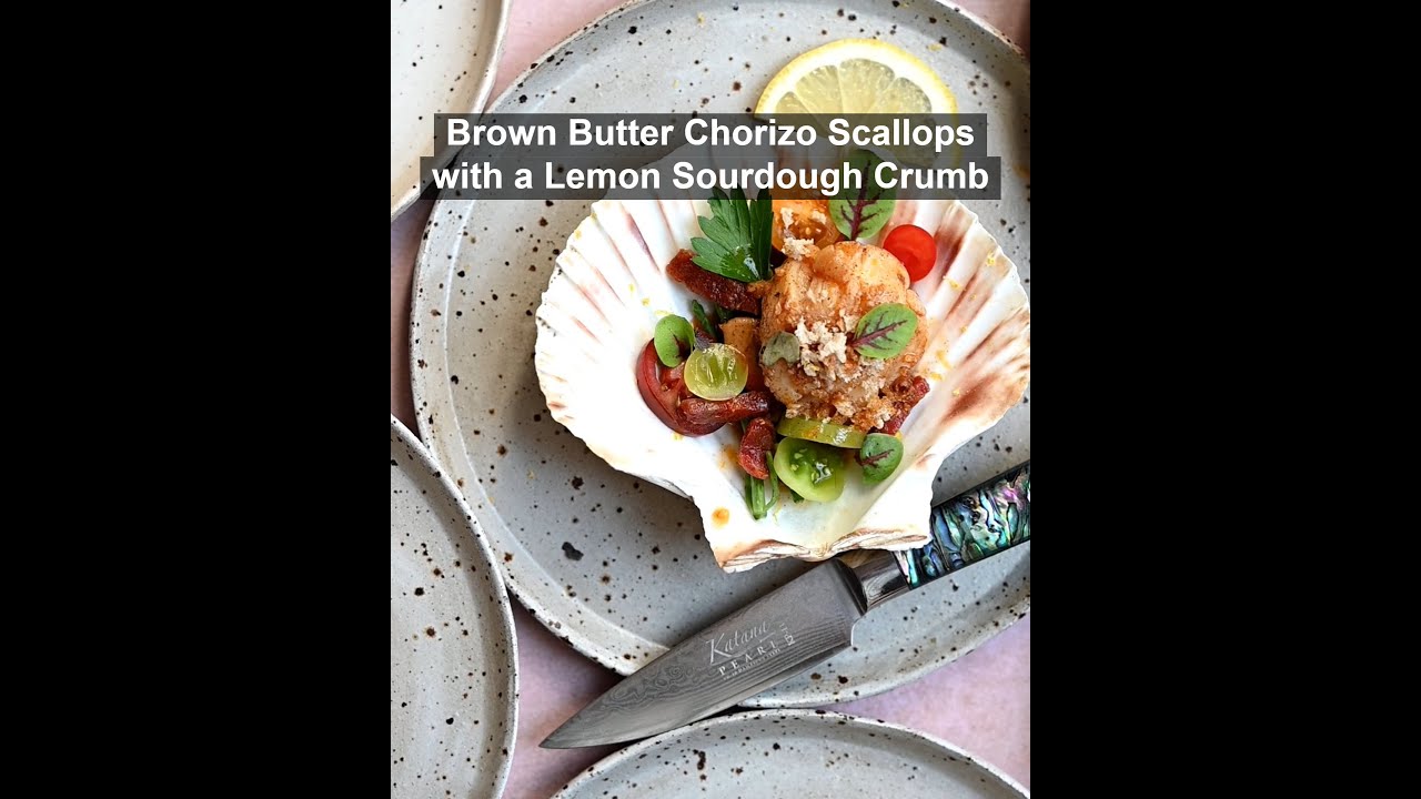 Katana Pearl Brown Butter Chorizo Scallops with a Lemon Sourdough