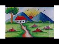 Mountain scenery drawing |Easy oil pastel Scenery drawing |Nature drawing | Morning village drawing.