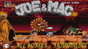 Joe & Mac - Caveman Ninja (SEGA Genesis) All Bosses - A COURSE with all 3 FUNNY ENDINGS :D